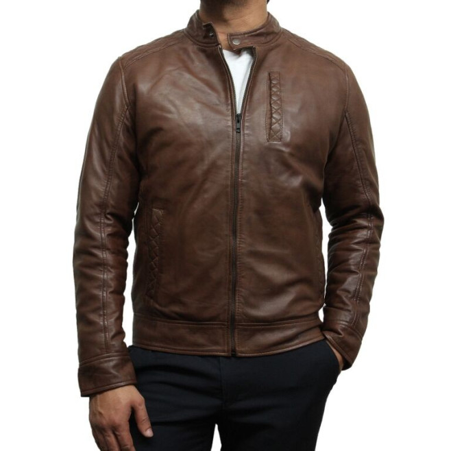 Mens Brown Leather Biker Jacket Crinkle Retro - Derek