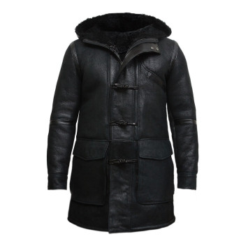 Men's Hooded Luxury Sheepskin Pea Coat German Navy Long Duffle Coat -Birk
