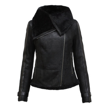  Ladies Women Short Fitted Black  Biker Style Real Shearling Sheepskin-Gisa