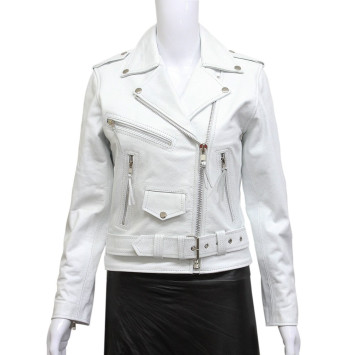 Women's White Leather Biker Jacket BNWT-Liza