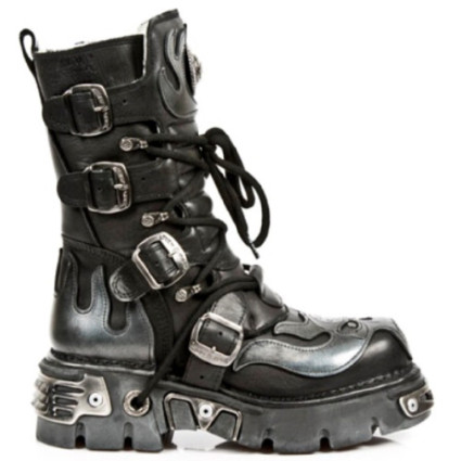 New Rock Black Leather Biker Metallic Boots - M107-S2