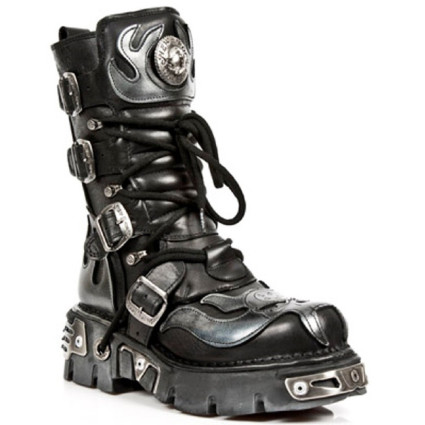 New Rock Black Leather Biker Metallic Boots - M107-S2