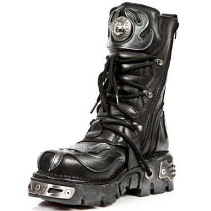 New Rock Black Leather Biker Metallic Boots - M107-S2