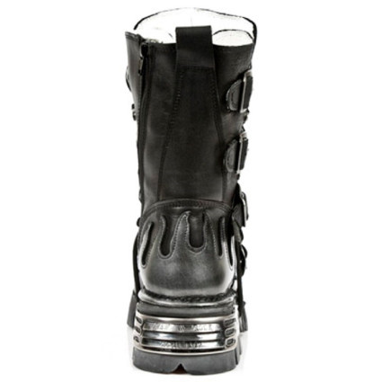 New Rock Black Leather Biker Metallic Boots - M107-S2