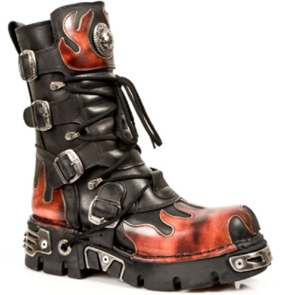 New Rock Black Leather Dashing Fire Print Biker Boots - M.591-S1