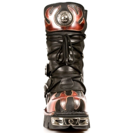 New Rock Black Leather Dashing Fire Print Biker Boots - M.591-S1