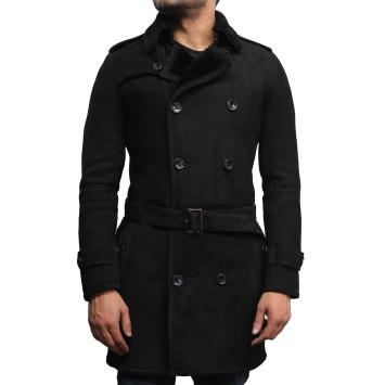 Men's Luxury Spanish Merino Fur Sheepskin Belted Pea Coat German Navy Long Duffle Coat Ideal For Winter Latest Design