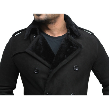 Men's Luxury Spanish Merino Fur Sheepskin Belted Pea Coat German Navy Long Duffle Coat Ideal For Winter Latest Design