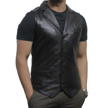 Men's Vintage Black Smart Leather Waistcoat Designer Fit-Ansel