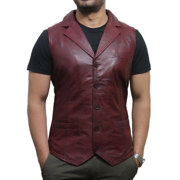 Men's Vintage Burgundy Smart Leather Waistcoat Designer Fit-Ansel
