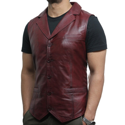 Men's Vintage Burgundy Smart Leather Waistcoat Designer Fit-Ansel