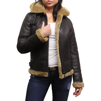 Ladies Women's Hooded Aviator Real Shearling Sheepskin Flying Leather Jacket Coat-Callie