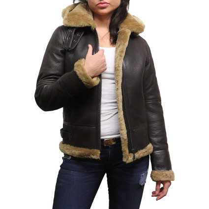 Leather Sheepskin Shearling Jacket Womens | B3 WW2 Aviator Flying Hooded Jacket