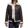 Ladies Women's Hooded Aviator Real Shearling Sheepskin Flying Leather Jacket Coat-Callie