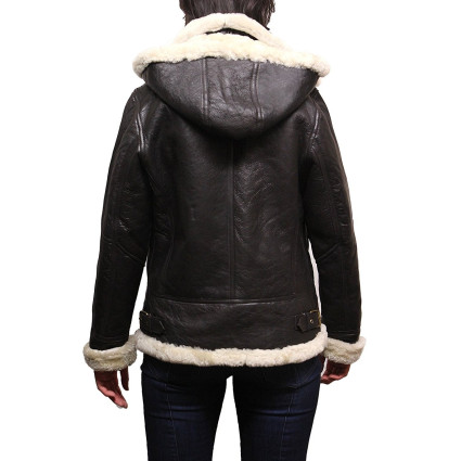 Ladies Women's Hooded Aviator Real Shearling Sheepskin Flying Leather Jacket Coat-Callie