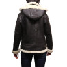 Ladies Women's Hooded Aviator Real Shearling Sheepskin Flying Leather Jacket Coat-Callie