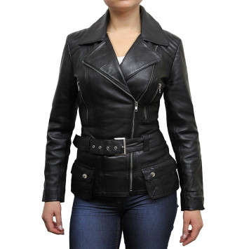 Ladies Women Stylish Olive Leather Biker Jacket-Kate