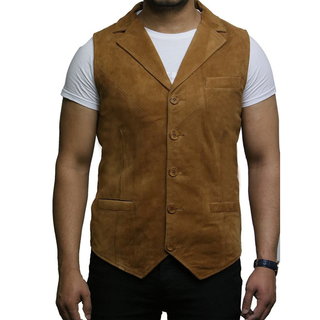 Mens Leather Waistcoat From Smooth Exclusive Goat Suede Classic Smart TanLeather Waistcoat