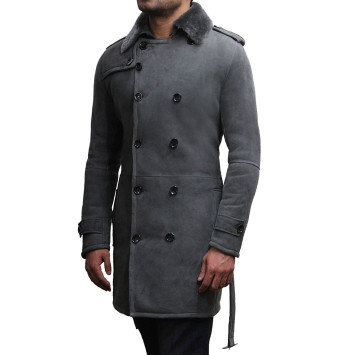 Men's Luxury Spanish Merino Fur Sheepskin Belted Pea Coat German Navy Long Duffle Coat Ideal For Winter Latest Design