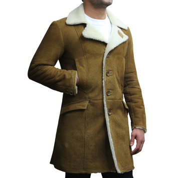 Men's Luxury Spanish Merino Fur Sheepskin Belted Pea Coat German Long Duffle Coat