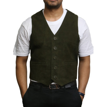 Mens Leather Waistcoat From Smooth Exclusive Goat Suede Classic Smart Green Leather Waistcoat
