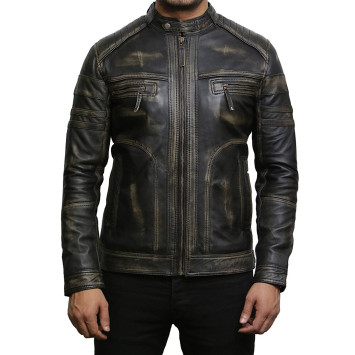 Men's Black Warm Leather Biker Jacket Vintage Retro Distressed Leather Jacket