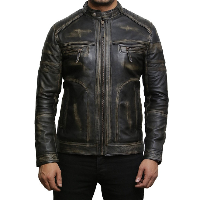 Men's Black Warm Leather Biker Jacket Vintage Retro Distressed Leather Jacket