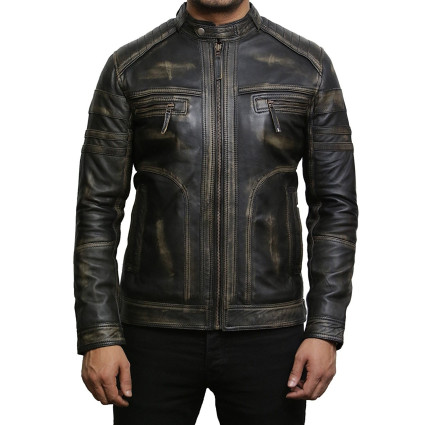 Men's Black Warm Leather Biker Jacket Vintage Retro Distressed Leather Jacket