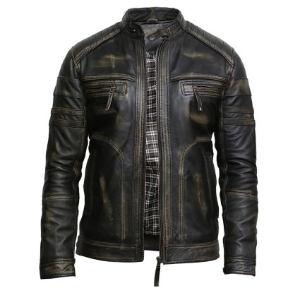 Men's Black Warm Leather Biker Jacket Vintage Retro Distressed Leather Jacket