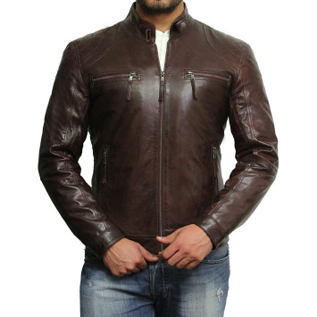 Men's Brown Lambskin Genuine Leather Biker Jacket