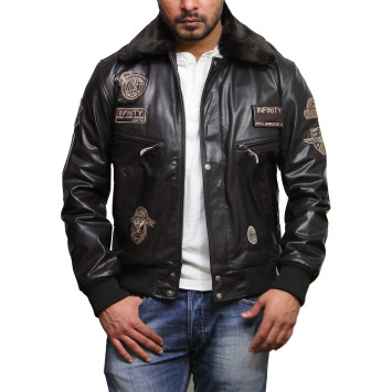 Men's Black Cow Hide Leather Flight Bomber Jacket with Detachable Collar
