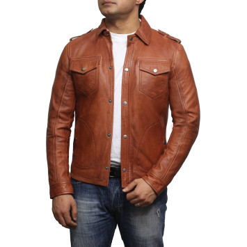 Men’s Tan Leather Shirt Jacket - Sully
