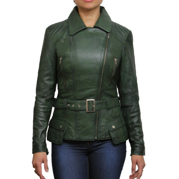 Ladies Women Stylish Olive Leather Biker Jacket-Kate