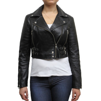 Ladies Black Puffed Leather Biker Jacket-Tereza