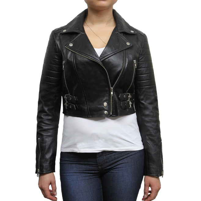 Ladies Black Puffed Leather Biker Jacket-Tereza