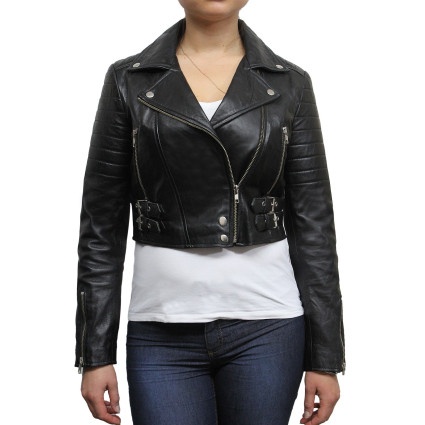 Ladies Black Puffed Leather Biker Jacket-Tereza
