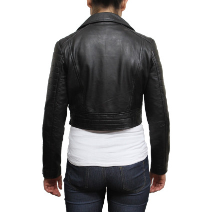 Ladies Black Puffed Leather Biker Jacket-Tereza