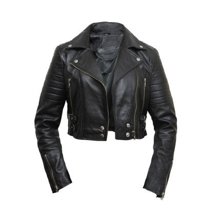 Ladies Black Puffed Leather Biker Jacket-Tereza