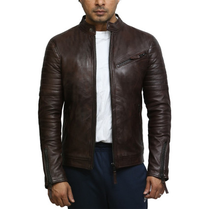 Men's Top Quality Brown Real Leather Vintage Biker Jacket 