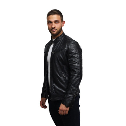 Men's Black Lambskin Genuine Leather Biker Jacket Designer Look