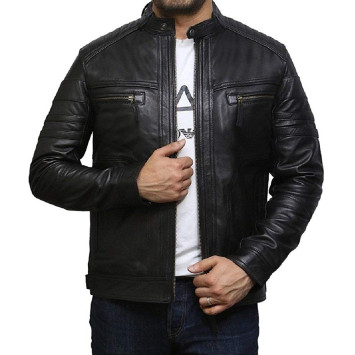 Men's Genuine Leather Biker Jacket Vintage - Plain Black