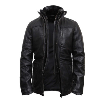 Mens Genuine Leather Biker Parka Jacket Retro - Black 