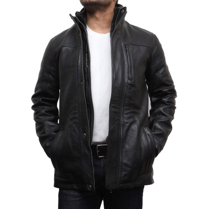Mens Genuine Leather Biker Parka Jacket Retro - Black 