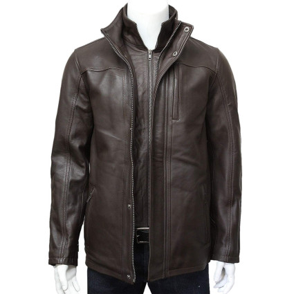 Mens Genuine Leather Biker Parka Jacket Retro - Brown