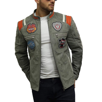 Men's Genuine Sheepskin Leather Biker Jacket with Badges