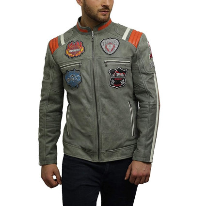 Men's Genuine Sheepskin Leather Biker Jacket with Badges