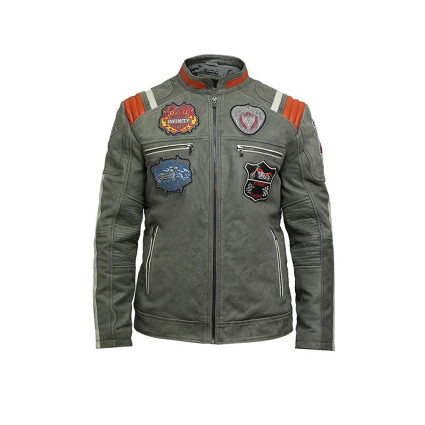 Men's Genuine Sheepskin Leather Biker Jacket with Badges