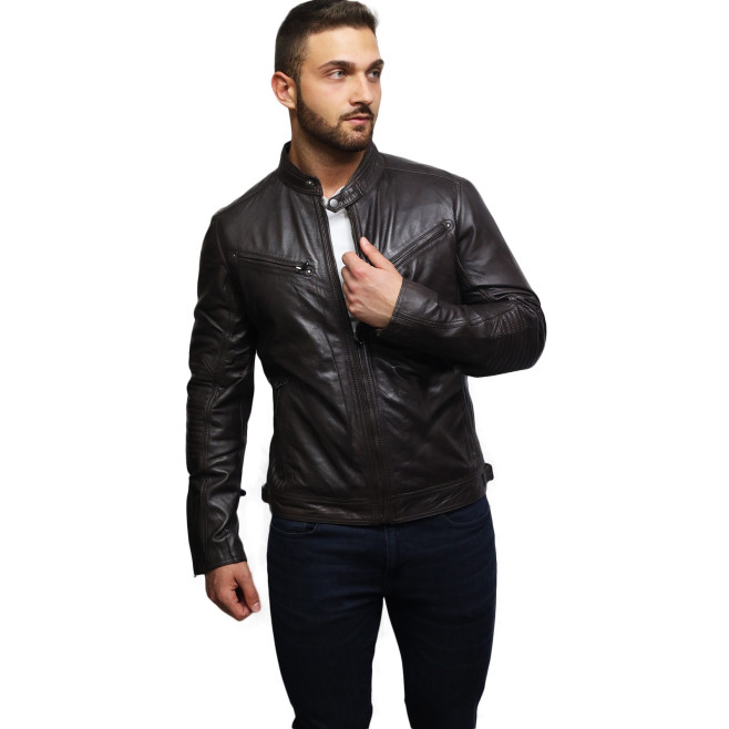 Men's Genuine Leather Biker Jacket Distressed - Brown