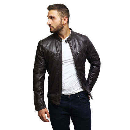 Men's Genuine Leather Biker Jacket Distressed - Brown