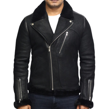  Men's Genuine Shearling Sheepskin Leather Jacket Brando